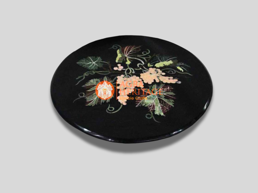 Round Black Table Top Semi Precious Floral Art Decor